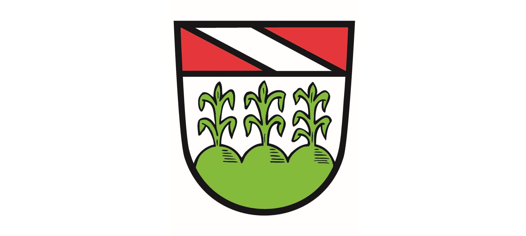 Wappen unten hellgrün mit 3 Sumpfpflanzen, oben rot mit weißem Balken